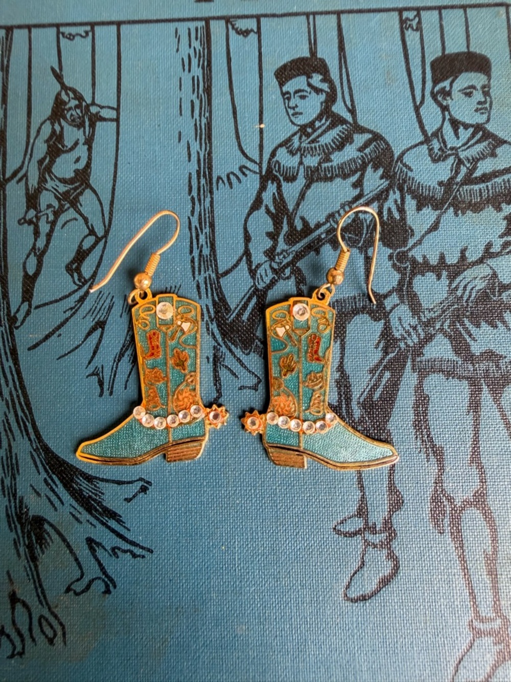 LLis Dangle Pierced Earrings Aqua Boots Rhinestones 2” Drop Sweet!